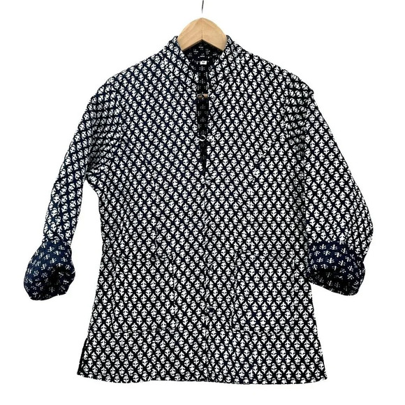 Indigo Block Print Kantha Quilted Jacket - Picture 1 of 8